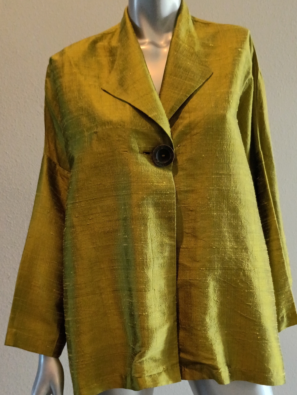 Kathleen Sommers Peridot Raw Silk Boxy Swing Unlined Jacket--S Oversized  Chic